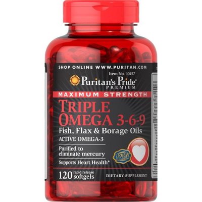Maximum Strenght Triple Omega 3 6 9 Fish Flax Borage Oils - 120 Softgels 100-10-8869319-20 фото