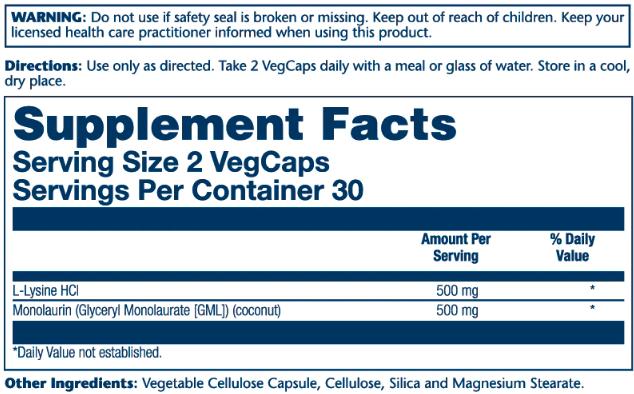 Л-лизин Монолаурин, L-Lysine Monolaurin 1:1 - 60 vcaps 2022-10-1033 фото