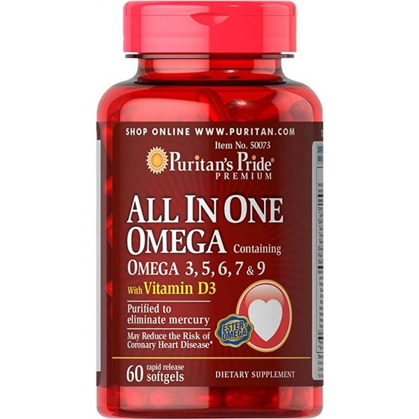 Омега-3, 5, 6, 7 и 9 с Витамином Д3, All In One Omega 3, 5, 6, 7 and 9 with Vitamin D3 - 60 Softgels 100-23-3921394-20 фото