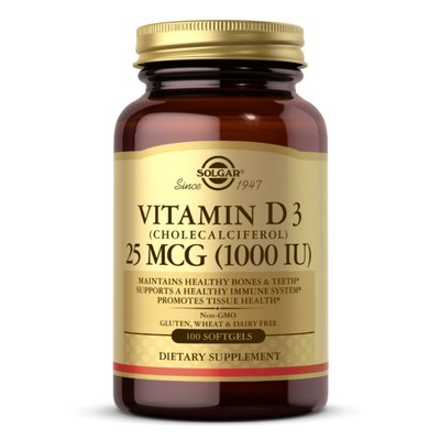 Vitamin D3 (Cholecalciferol) 25 mCG (1000 IU) - 100 softgels 2022-10-1550 фото