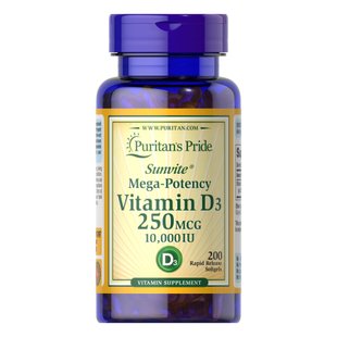 Вітамін Д-3, Vitamin D3 250mcg (10000 IU) Mega-Potency - 200 softgels 100-74-9918088-20 фото