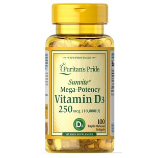 Вітамін Д3 250мкг, Vitamin D3 250mcg(10000 IU) Mega-Potency - 100 softgels 100-46-3018922-20 фото